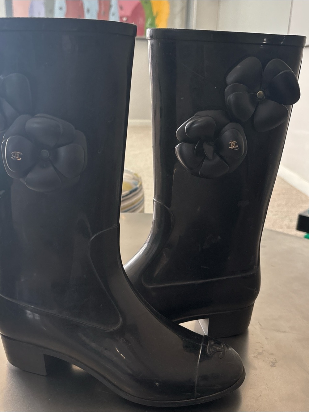 CHANEL Black Camellia Embellished Rain Boots